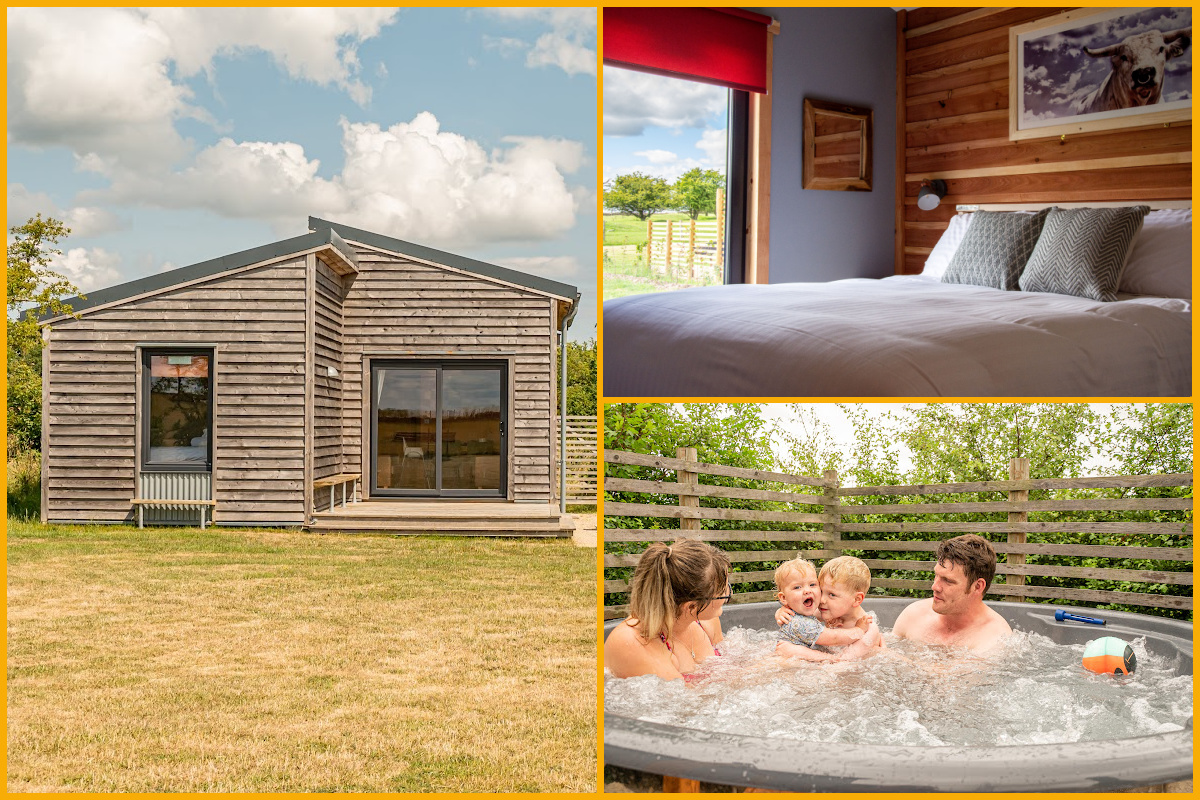 Collage of images of a lodge, bedroom and outdoor hot tub